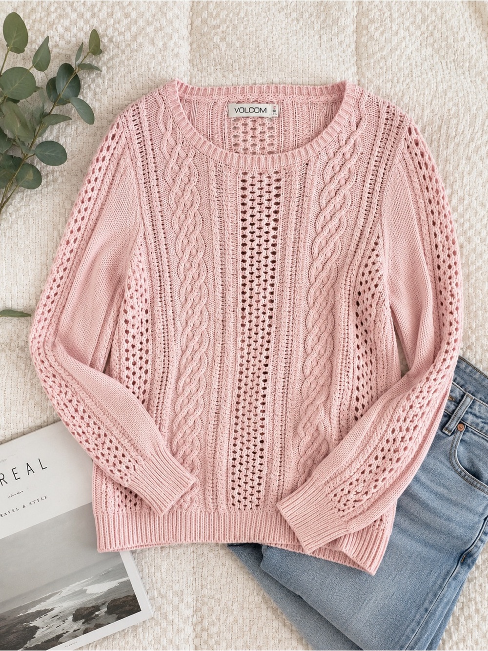 Volcom Blush Pink 100% Cotton Cable Knit Openwork Sweater M